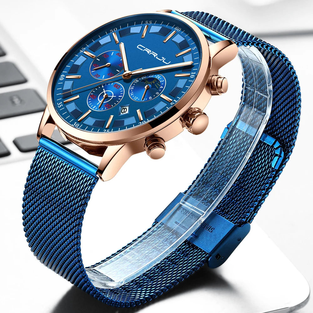 CRRJU Mens Watches Top Brand Luxury Fashion Business Quartz Watch Men Sport Full Steel Waterproof Black Clock Relogio Masculino