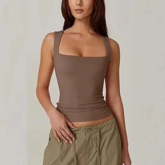 Women Girls Sleeveless Vest T-shirt Solid Color Square Neck Yoga Sports Sleeveless Tank Tops Base Casual Slim Vest