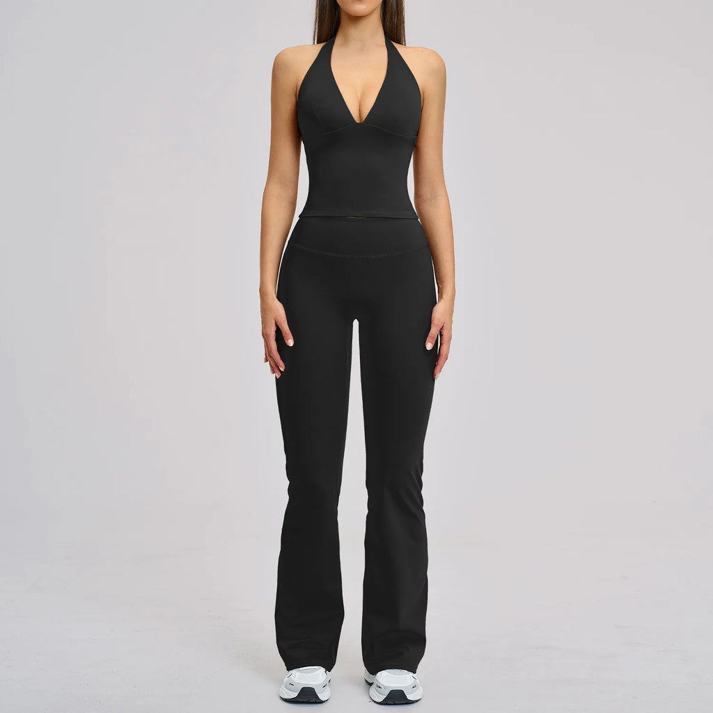 Women's Halter Backless Brushed Flare Yoga Set High Waist Flared Pants Workout Running Outfit