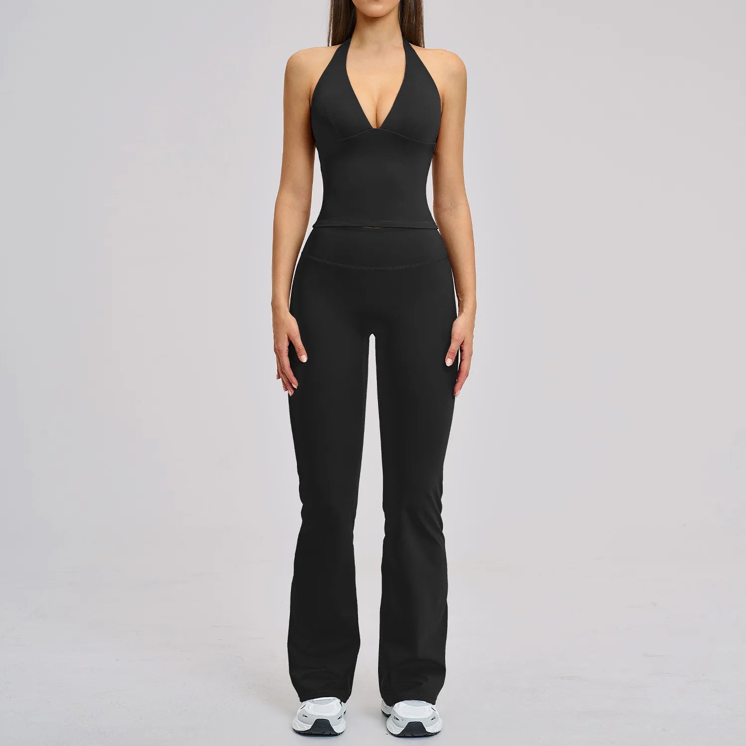 Women's Halter Backless Brushed Flare Yoga Set High Waist Flared Pants Workout Running Outfit