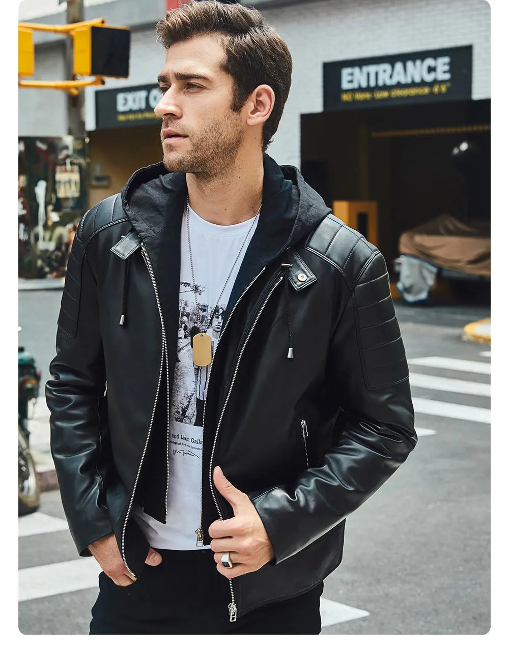 FLAVOR Men's Leather Motorcycle Jacket Black Sheepskin Real Leather Jacket With Removable Hood