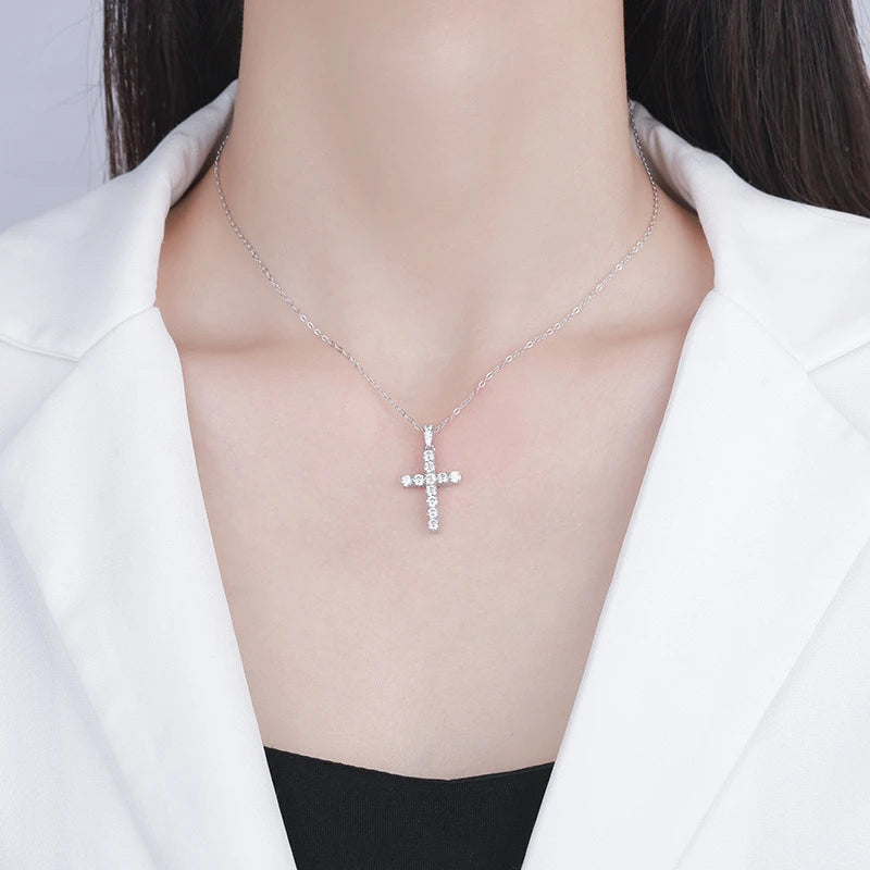 Minimal Fashion Cross Moissanite Clavicle Necklace S925 Silver D Color INS Daily Versatile Women Fine Jewelry