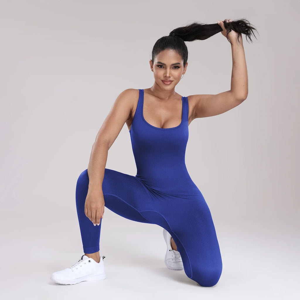 Women's High-Waist Yoga Jumpsuits Ribbed Workout Bodysuits with Sleeveless Sports Bra Knitted Fitness Rompers
