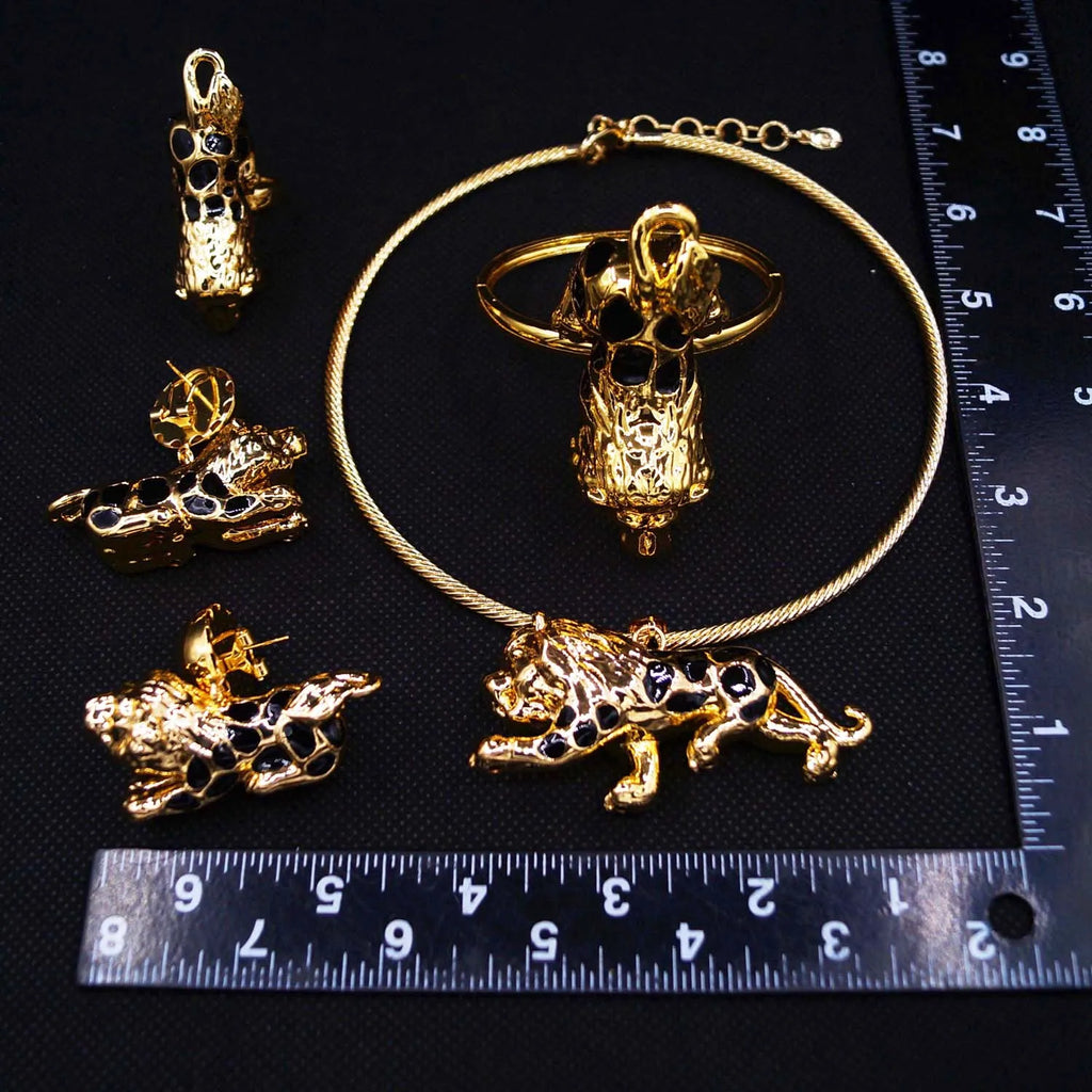 Zhuerrui Fashion Personality Brass Ring Jewelry Set Cheetah Pendant Hip Hop Bracelet Men's and Women's Party JewelryHK003122