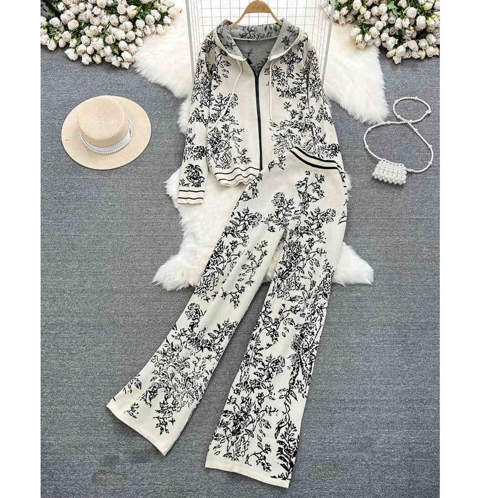 Fashion Suit Women'S Fall Winter Zipper Hooded Knit Sweater Pants Two Piece Set