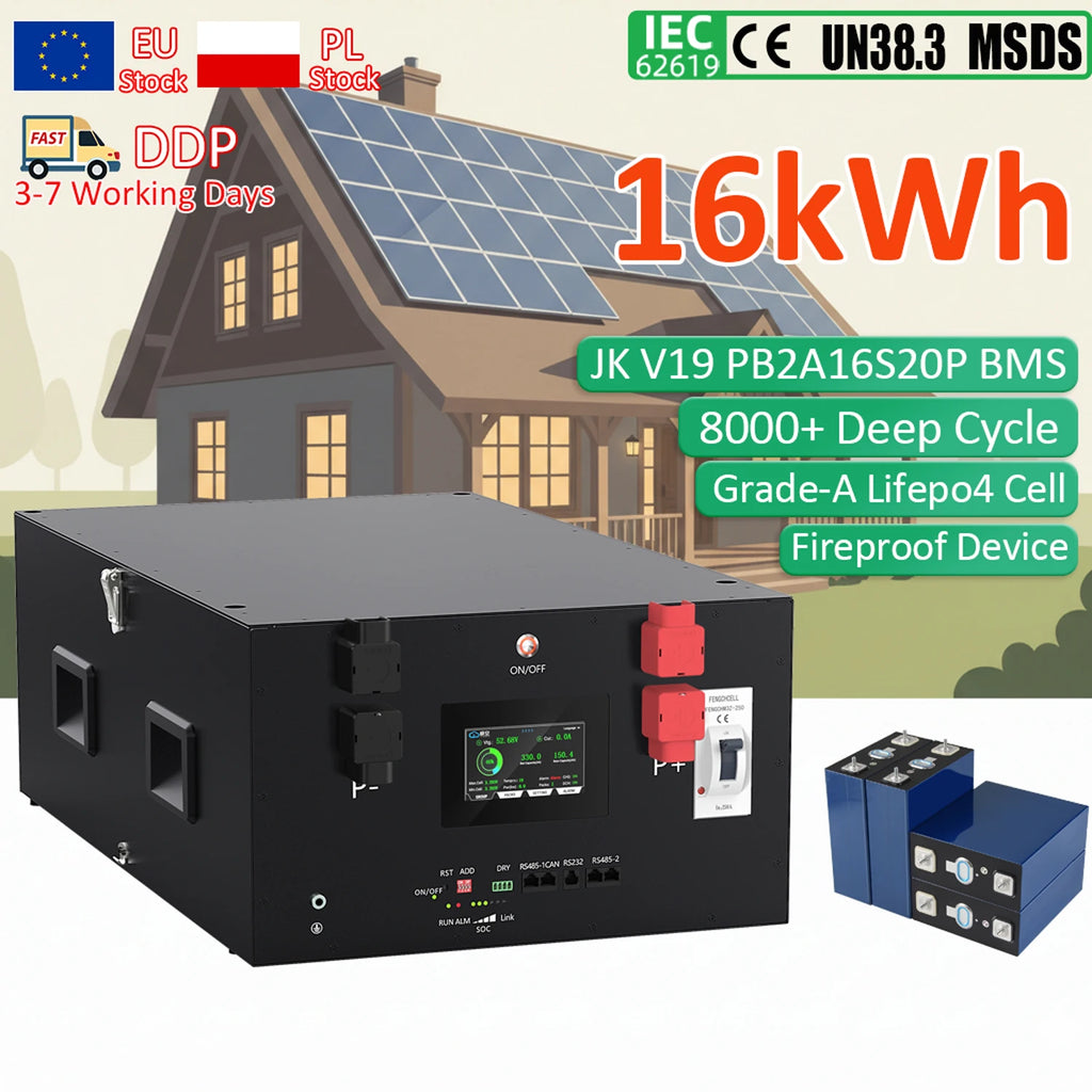 EU Stock CE IEC UN38.3 MSDS 8000+ Cycles Long Life 48V 51.2V 314Ah 16kwh Stackable Home Energy Storage Battery with JK V19 BMS