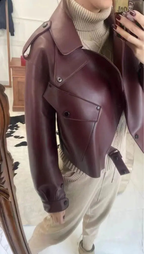 QC20003 New Burgundy Waterproof Casual Leather Jacket Genuine Leather All Seasons