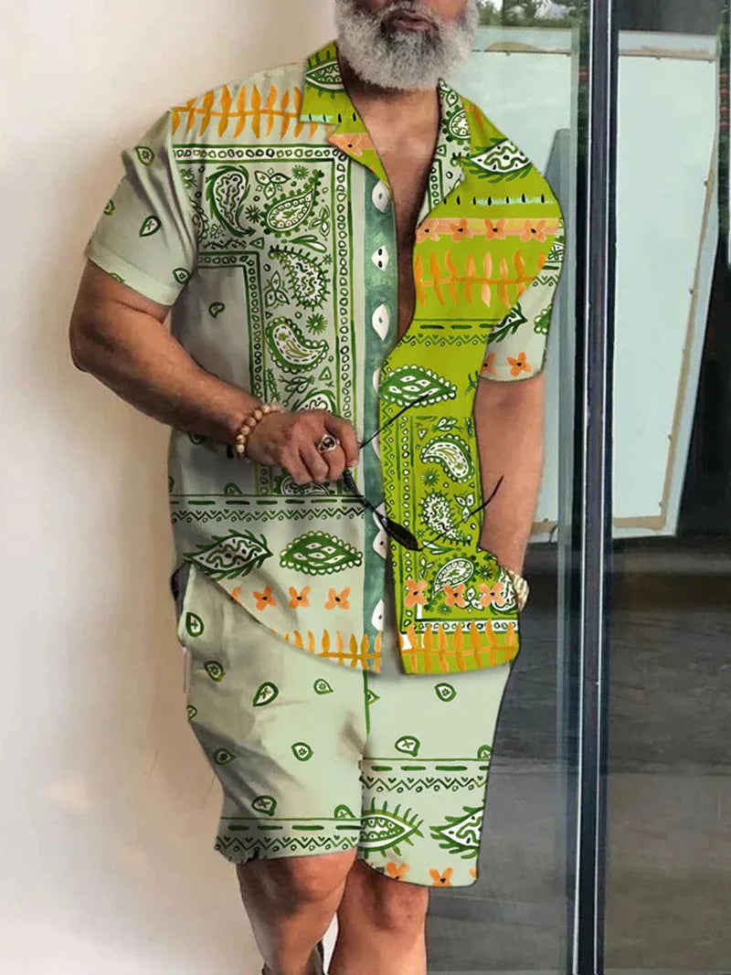 New Men Sets Print Patchwork Lapel Short Sleeve Casual Shirt Beach Shorts Summer Men Streetwear Vacation Hawaiian Suits
