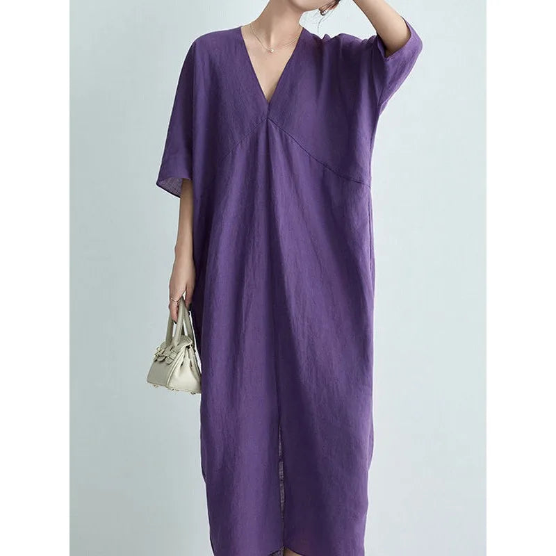 2026 New Summer Wholesale V-Neck Cotton Linen Maxi Dress French Chic Elegant Loose Short Sleeve Straight Gown