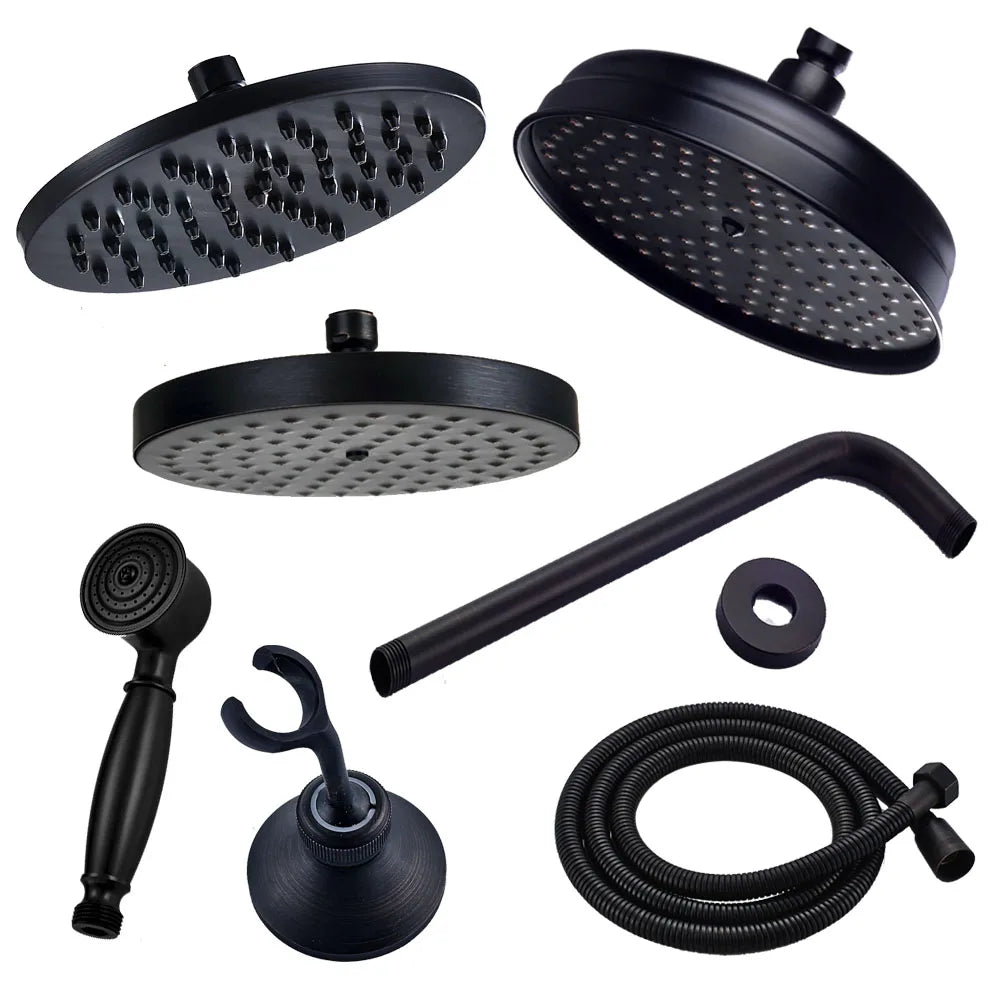 Rainfall Shower Head Round 8 -inch Rain Bathroom Shower Head Black Brass Handshower Head 1.5 M shower Hose Hand Shower Brasket