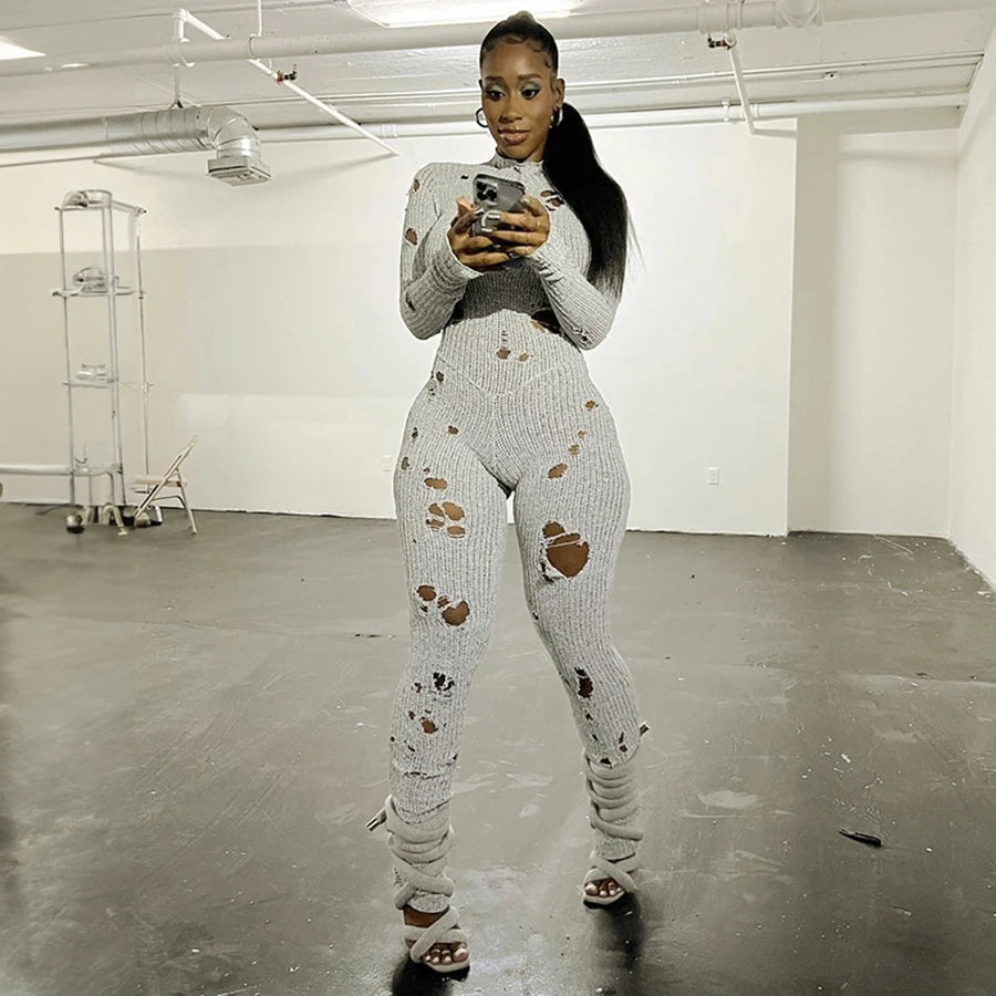Oem Autumn Solid Long Sleeve O-neck Casual Knit Holes Long Sleeve Jumpsuit Streetwear Casual Women's Ripped Jumpsuit