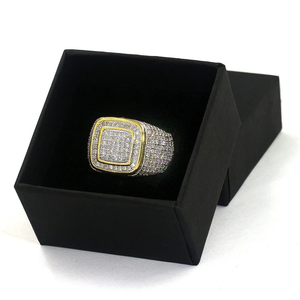 Round Square Shape Cubic Zircon Ring Brass Material Gold Silver Plated Iced Out Full CZ Hip Hop Rings Men's Fashion Jewelry