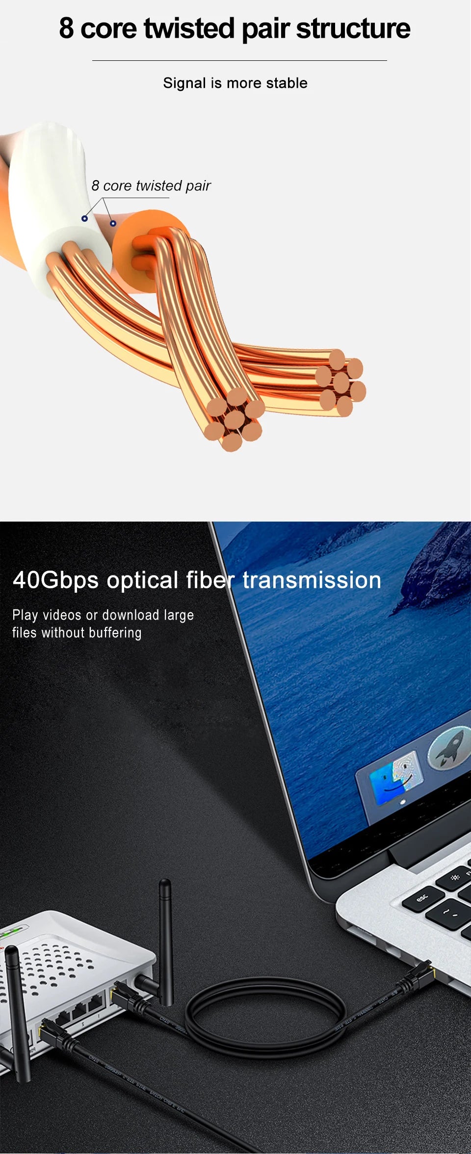 High-Speed RJ45 Ethernet Network Cable CAT8/CAT7 40Gbps 2000MHz PVC LAN Cable for Laptop Router - Internet Data Transfer