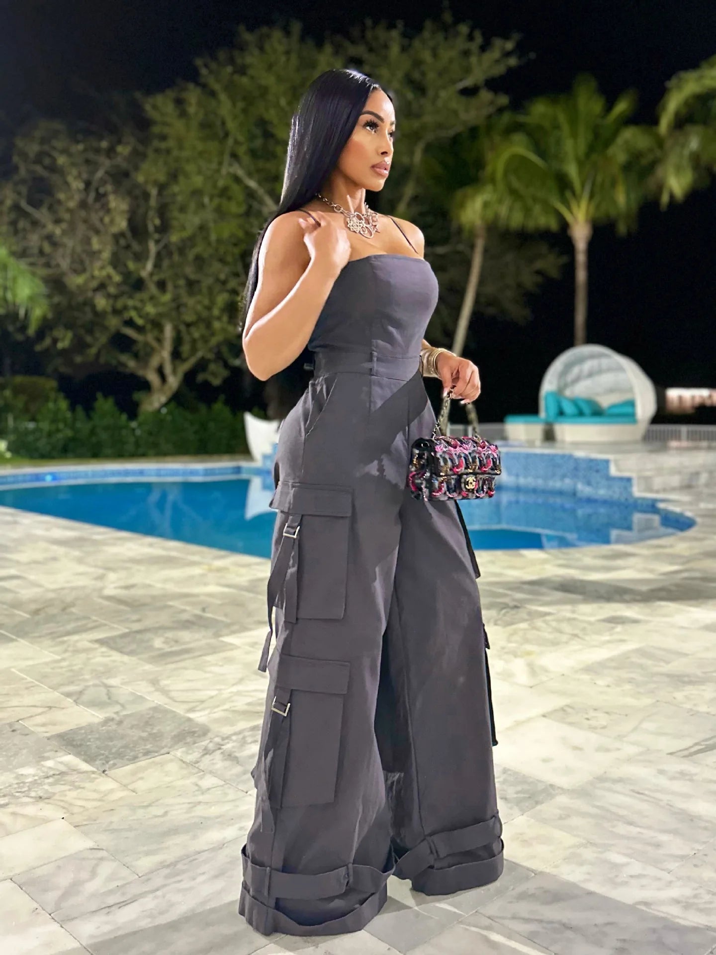 Women's Summer Sleeveless Jumpsuit with Wide Leg Multi-Pocket Strap Wrap Chest Design Breathable Casual Style for Parties