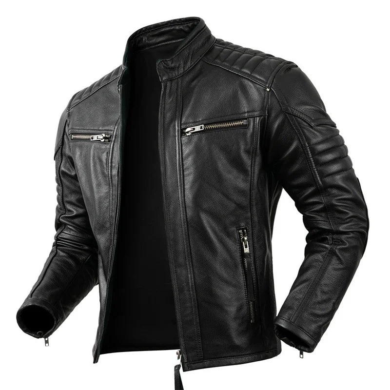 New Motorcycle Causal Vintage Leather Coat Men Autumn Outfit Fashion Biker Pocket Design Top Layer Cow Leather Jacket