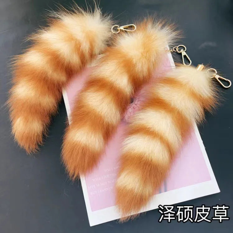 Authentic Raccoon Tail Fur Skin Halloween Party Cosplay Toy Handbag Accessories Key Chain Ring Hook