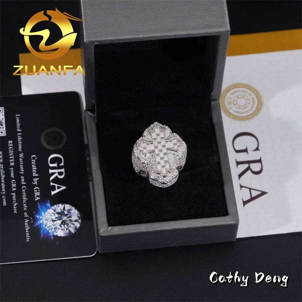 Hot Sale Instock  Iced Out Cross Moissanite Diamond Rings 925 Sterling Silver Hip Hop Ring Pass Diamond Tester Men Cuban Ring