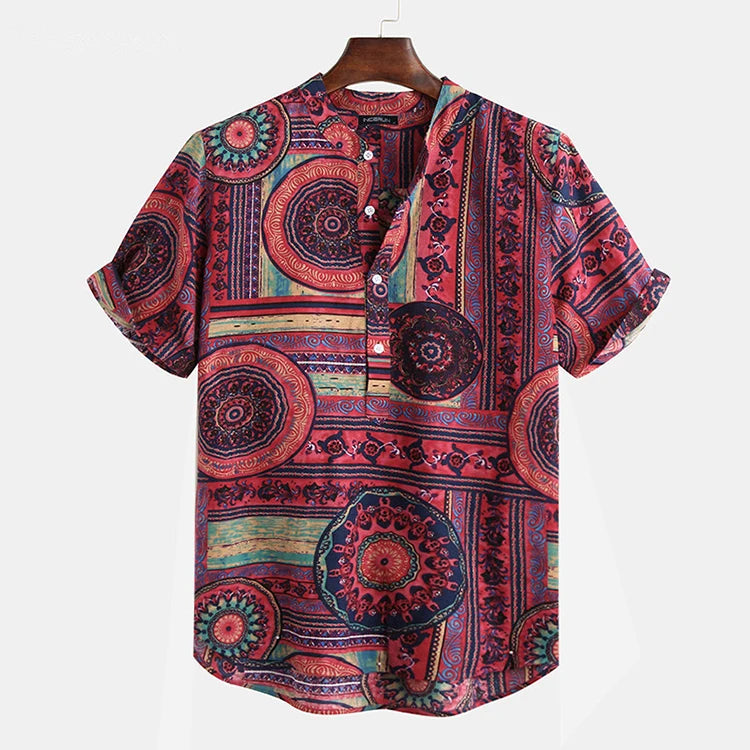 New Cotton Mens Shirt Ethnic Print Vintage Short Sleeve Streetwear Tops Tess Loose Male Beachwear Holiday Hawaiian Shirts