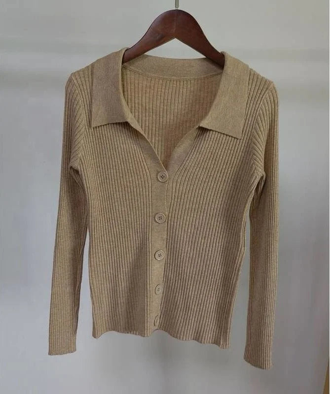 Lapel Slim-fit Coat Pit Strap Buckle Sexy V-neck Fashion Long-sleeved Cardigan Sweater Woman