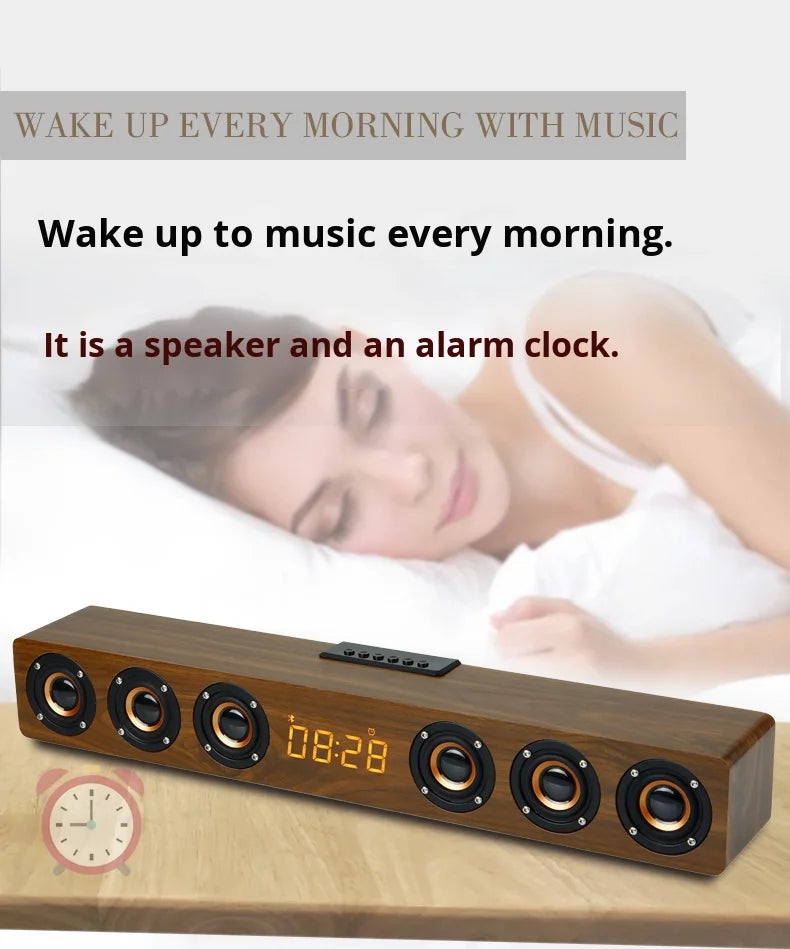 K6 Multifunctional Home Theatre Soundbar Speaker with RGB LED Lighting Wooden for Bluetooth Subwoofer Clock Alarm Battery