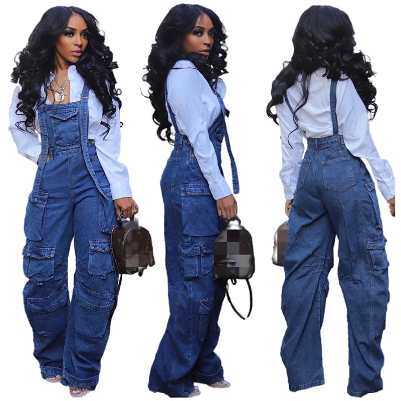 NY8160 High Quality Fashion Cargo Denim Jumpsuits Women Wide Leg Overalls Loose Strap Jean Jumpsuit Women