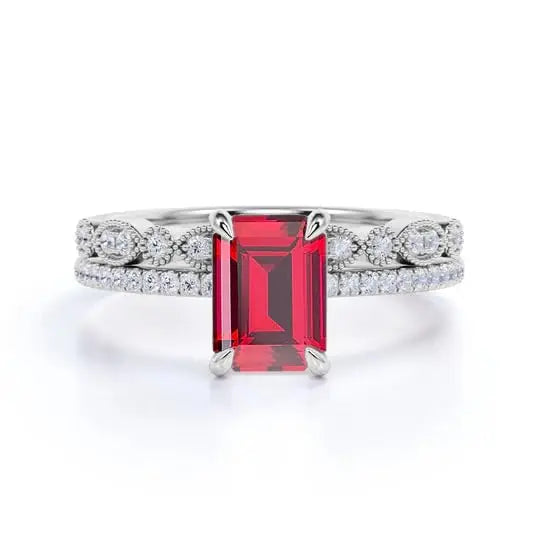 1.45 Carat Emerald Cut Ruby Wedding Ring 925 Sterling Silver Rhodium Plating Classic Style Gemstone Anniversary Party Jewelry