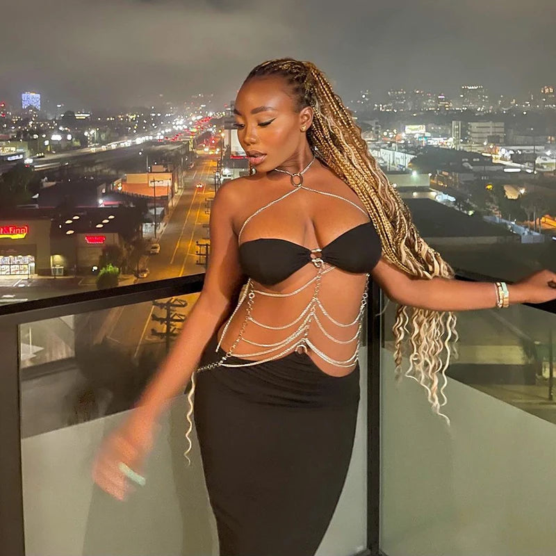 Hugcitar Pure Color Chain Halter Bandage Sleeveless Backless Revealing Slim Maxi Dress Fall Women Fashion Elegant Party Y2K