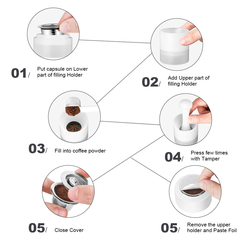 Icafilar Reusable Coffee Capsule Pod for Nespresso Stainless Steel Espresso Crema Coffee Filter Aluminum Foils Lid Tamper Dosing