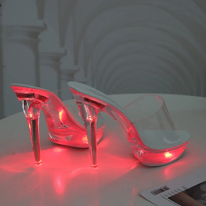 Fashion Summer Led Lights Sandals Women Clear Transparent Party Thin High Heels Platform Shoes Female Luminous Slippers WS308