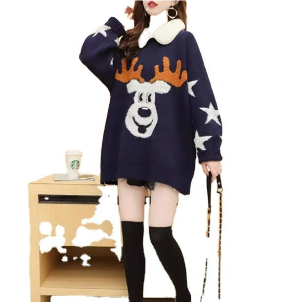 Wholesale New Year Luxury High Quality Fur Collar Loose Deep Head Print Christmas Sweater