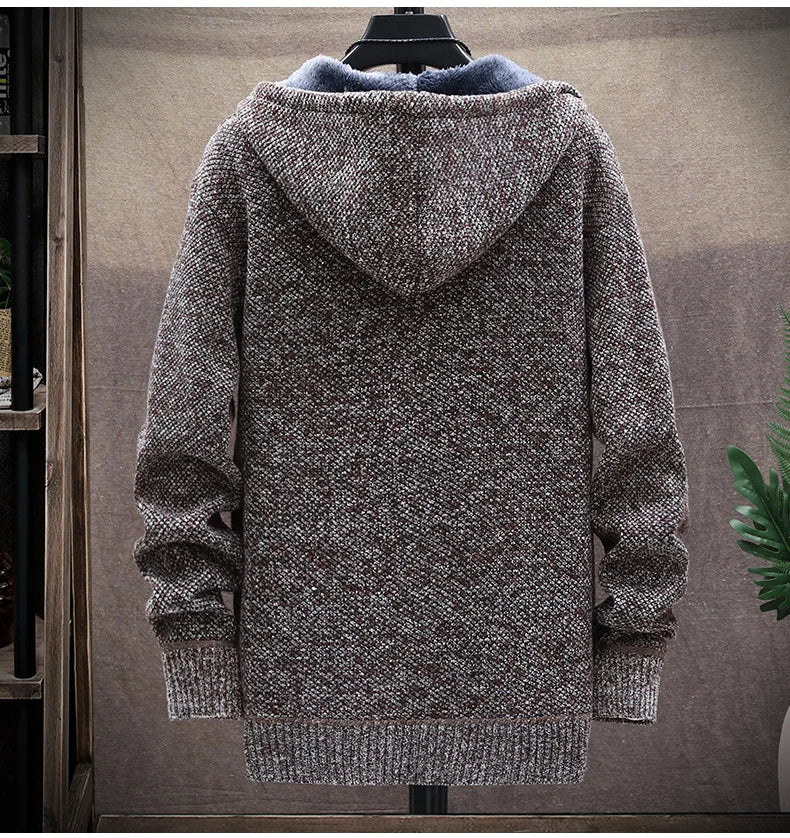 Autumn Winter Men's Sweaters Hooded Knit Cardigan Korean Sweaters Jacket Fleece Lined Hoodies Windbreaker Coat