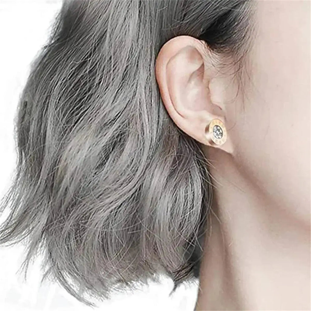 Fashion Chic Stainless Steel  Crystal Stud for Women Men Jewelry Vintage Roman Numerals Small Earring