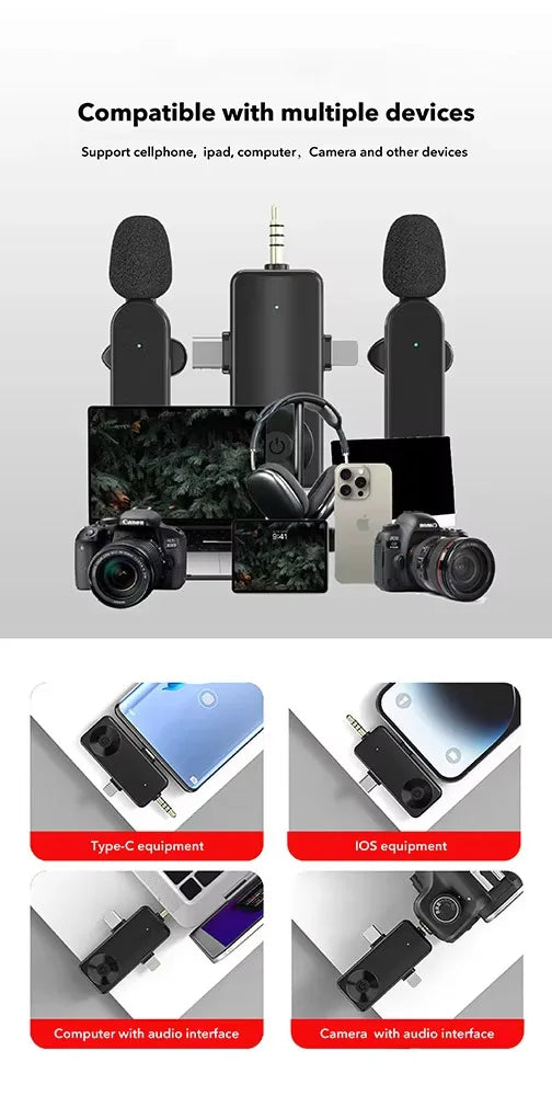 2025 Mini Wireless Lavalier Microphone 3-in-1 Interface for Live Recording on IOS Android Mobile Phones Cameras Type C Connector