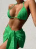 Bandage Halter Bikini Micro Ribbed Bikini 3 Pieces Set 2023 High Waist Swimsuit With Beach 3 Pieces Mesh Skirt