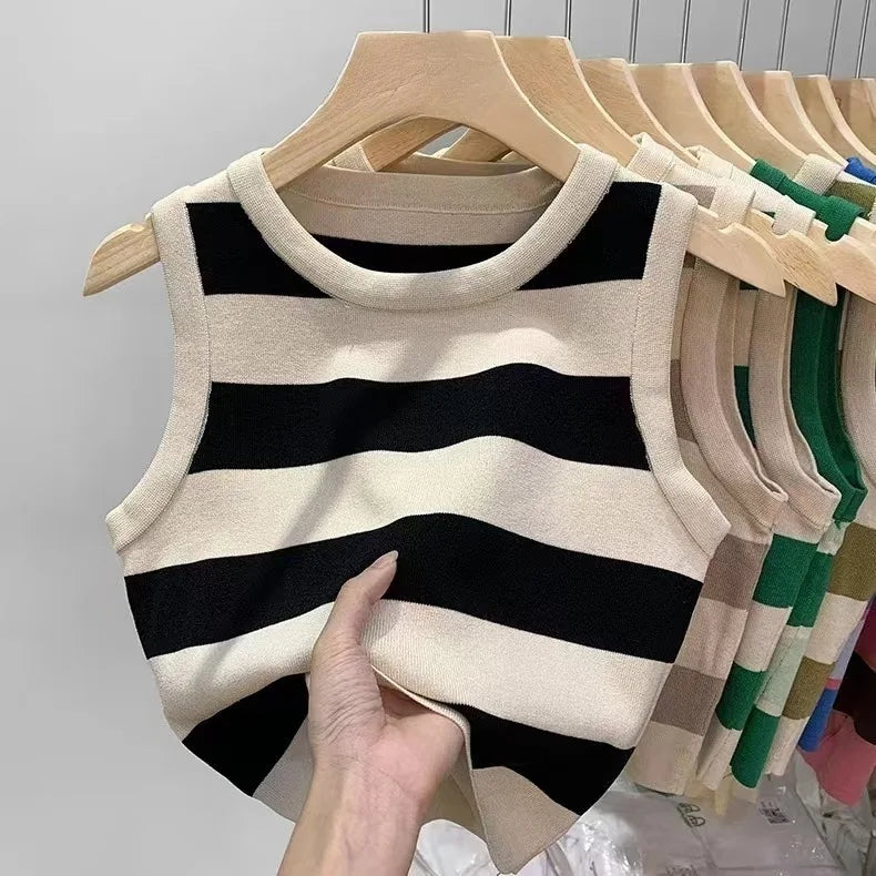 2024 Summer Women's Short Knitted Striped Ribbed Tank Top Breathable and Sustainable