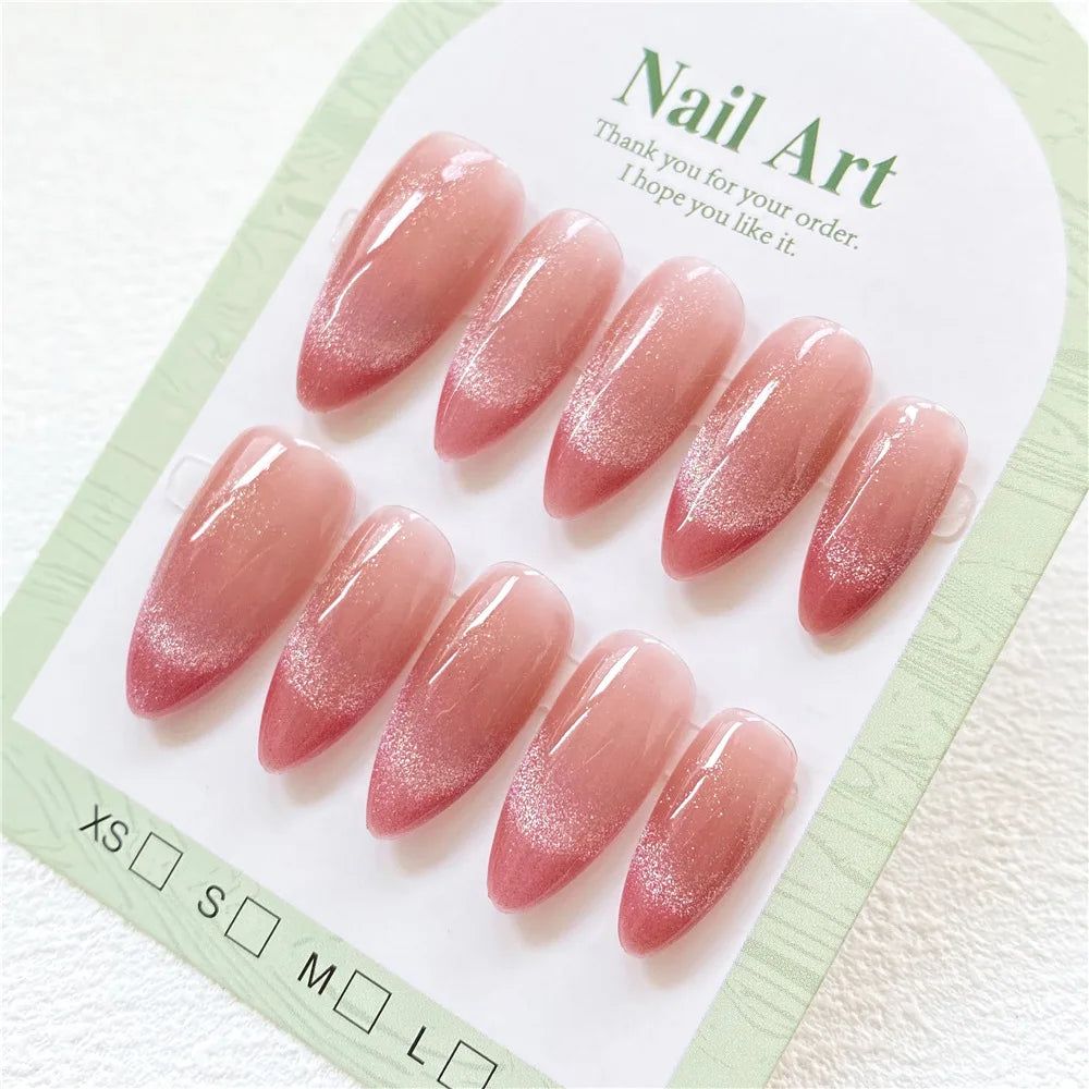 High Quality Bulk Cat Eye French Style pink Acrylic Gel Short Almond square Stiletto Handmade Wear Press on Nails