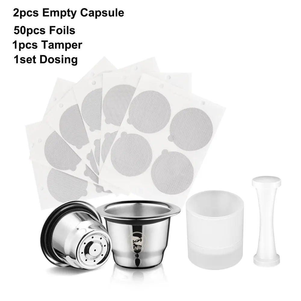 Icafilar Reusable Coffee Capsule Pod for Nespresso Stainless Steel Espresso Crema Coffee Filter Aluminum Foils Lid Tamper Dosing