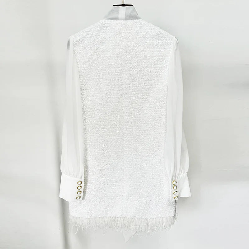 Bettergirl Women Autumn and Winter New Fashion Elegant White Short Dress Feather Hem Chiffon Patchwork Tweed Dress