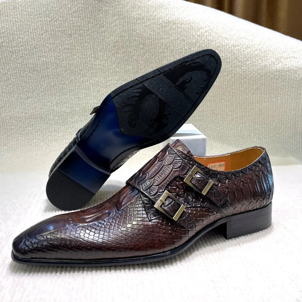 2025 New Style New Design Men's Genuine Leather Monk Shoes Double Buckle Printing Suitable for Business Office Formal Shoes