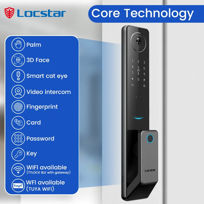 Locstar Electronic Tuya Wifi Golden Video 3D Face Recognition Digital Fingerprint Keyless Smart Door Lock for Aluminum Door