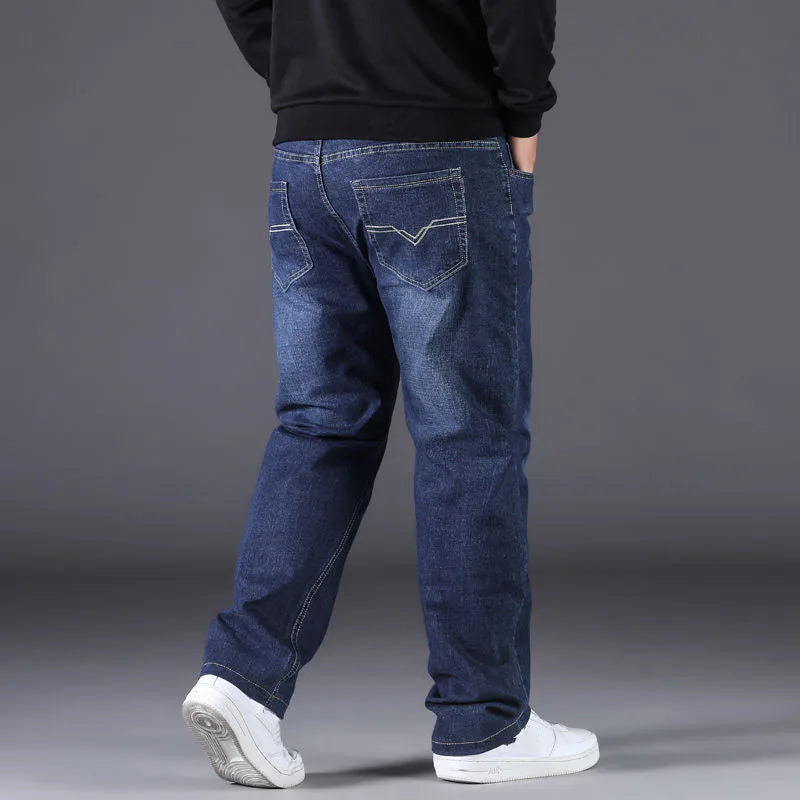 Luxurious Quality High Waist Fleece Lined Loose Stretch Multi-pocket Extra Large Spring Autumn Winter Men's Straight Leg Jeans