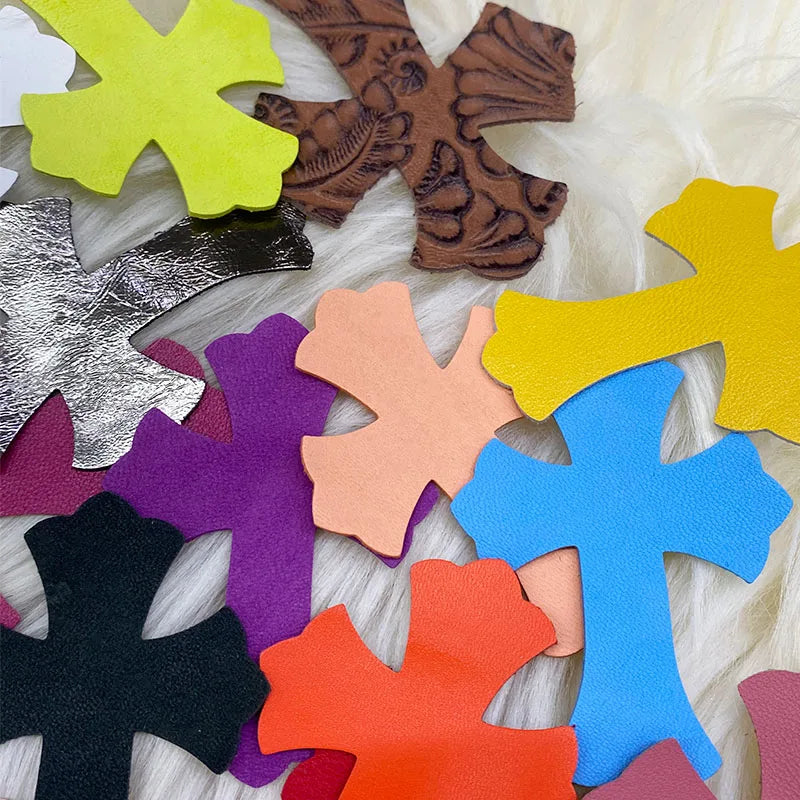 4.5*6.5cm Sheepskin Leather Patch With Cross Shaped Leather Label Genuine Leather DIY With Multiple Colors-106-182