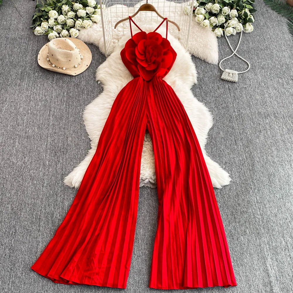 S-3XL 3D Floral Strapless Jumpsuit Casual High Waisted Straight Leg Wide Leg Pants Jumpsuit