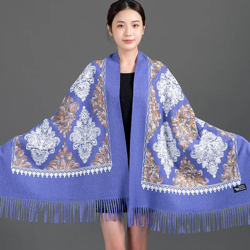 Women's Thick Warm Cashmere Winter Poncho Scarf Long Shawl Delicate Embroidery Wholesale Traditional Scarves Shawls Supplier