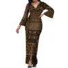 Hot Selling Flower Polynesian Tribal Bell Sleeve V Neck Long Maxi Slit Dress Custom Plus Size Womens Dresses Island Style Dress