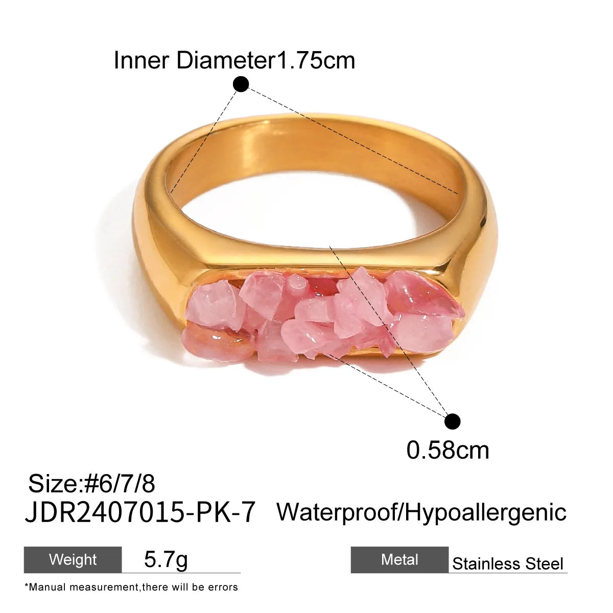 Stainless Steel Shine Inlaid Natural Crystal Geometric Rings Stainless Steel Skin-Friendly 18K Gold-plated Waterproof Jewelry