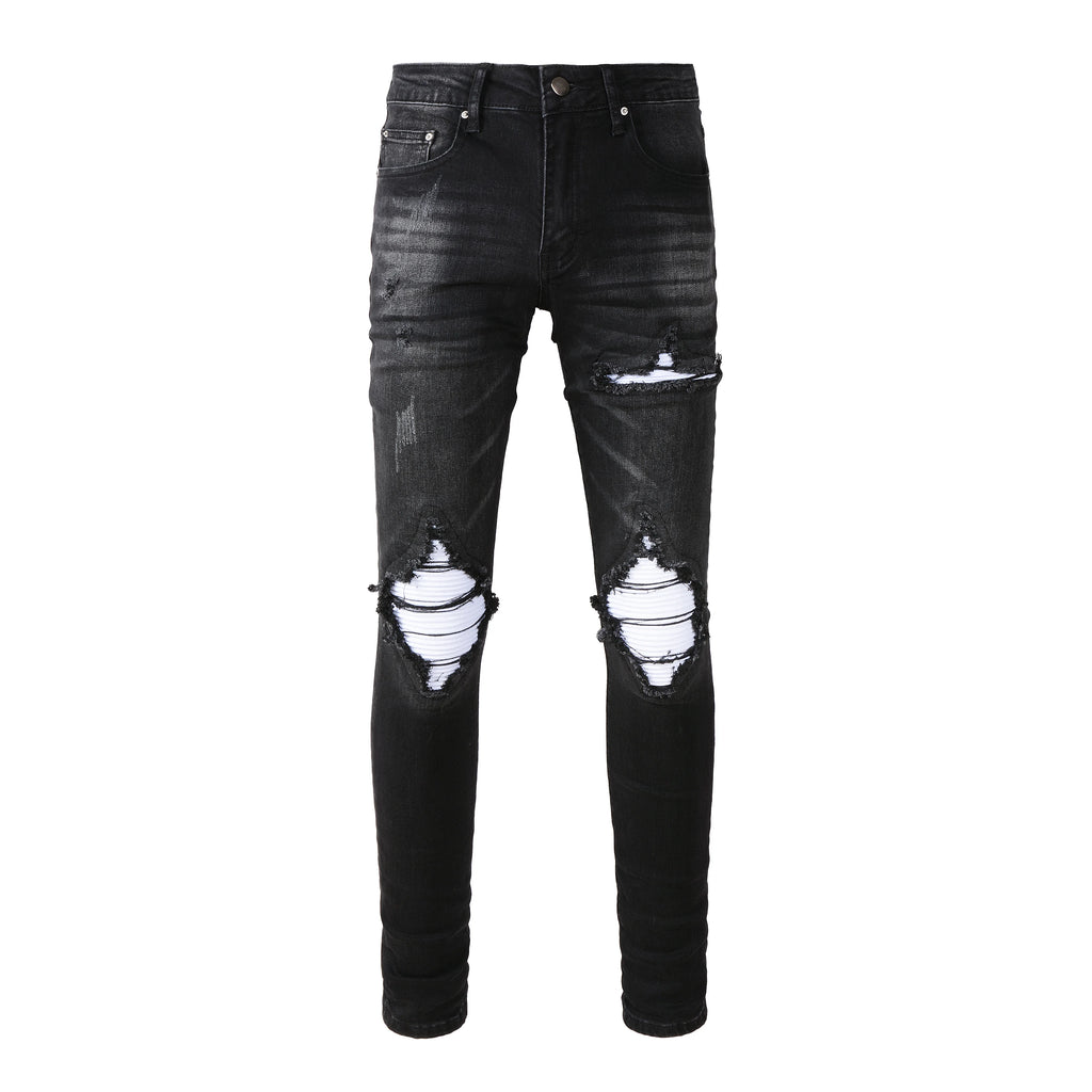 Wholesale Slim Fit Distressed Designer Patchwork Jeans Printed Patch Black Denim Trousers for Men Streetwear Winter Blue Hip Hop