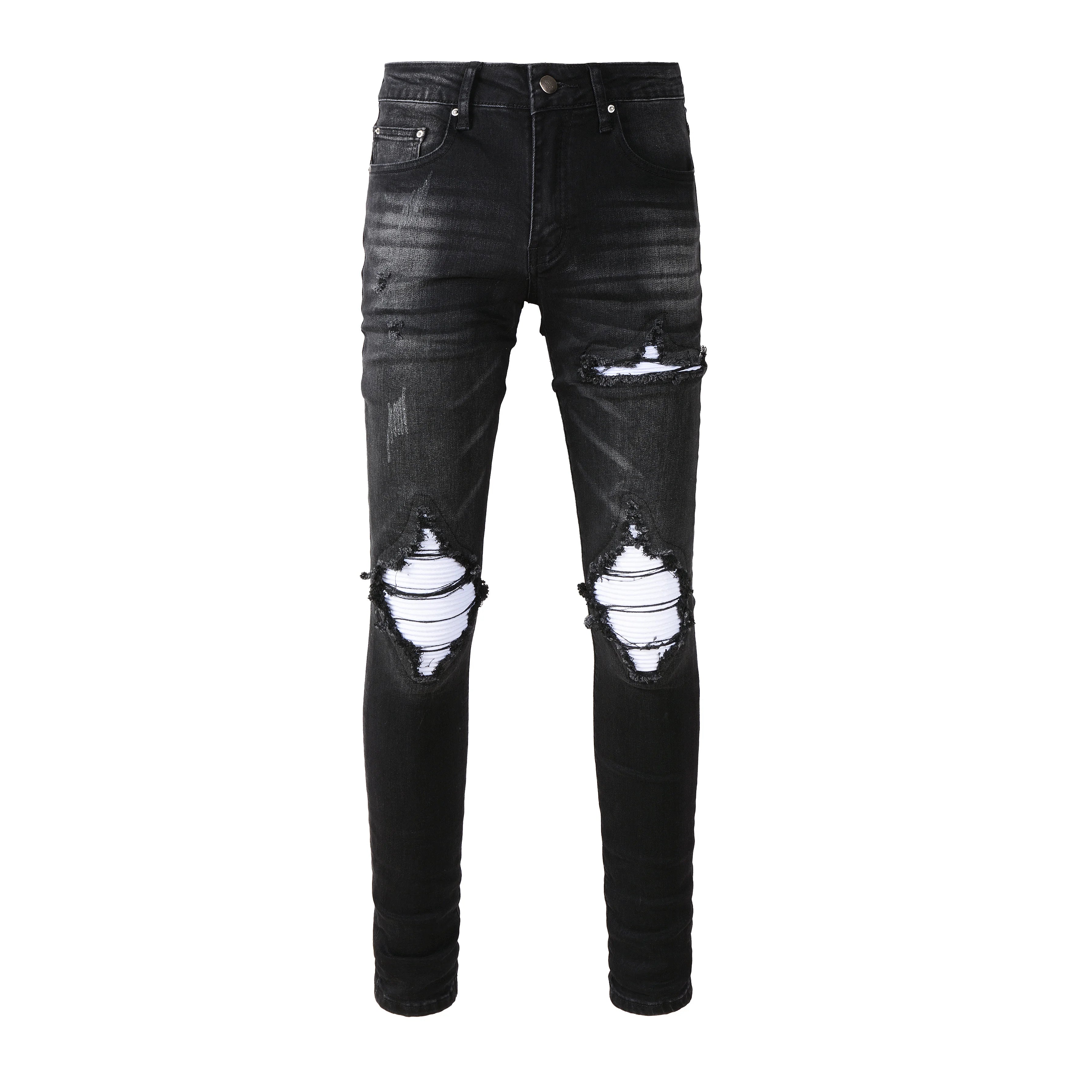 Wholesale Slim Fit Distressed Designer Patchwork Jeans Printed Patch Black Denim Trousers for Men Streetwear Winter Blue Hip Hop