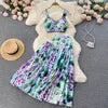 ANSZKTN and the United States Vacation Style ANSZKTN Print Suit Female Short Sling Top Pleated Skirt Set