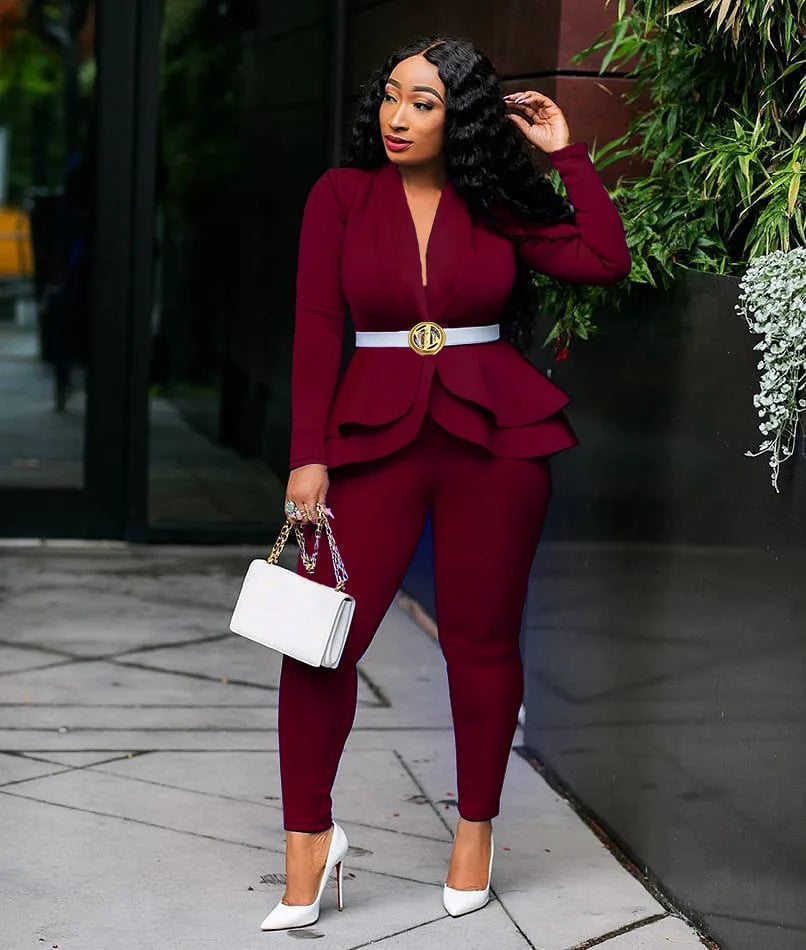 New 2025 Women Long Sleeve Solid Ruffles Design Top & Skinny Pencil Pant Sets Two Piece Set Women Outfits